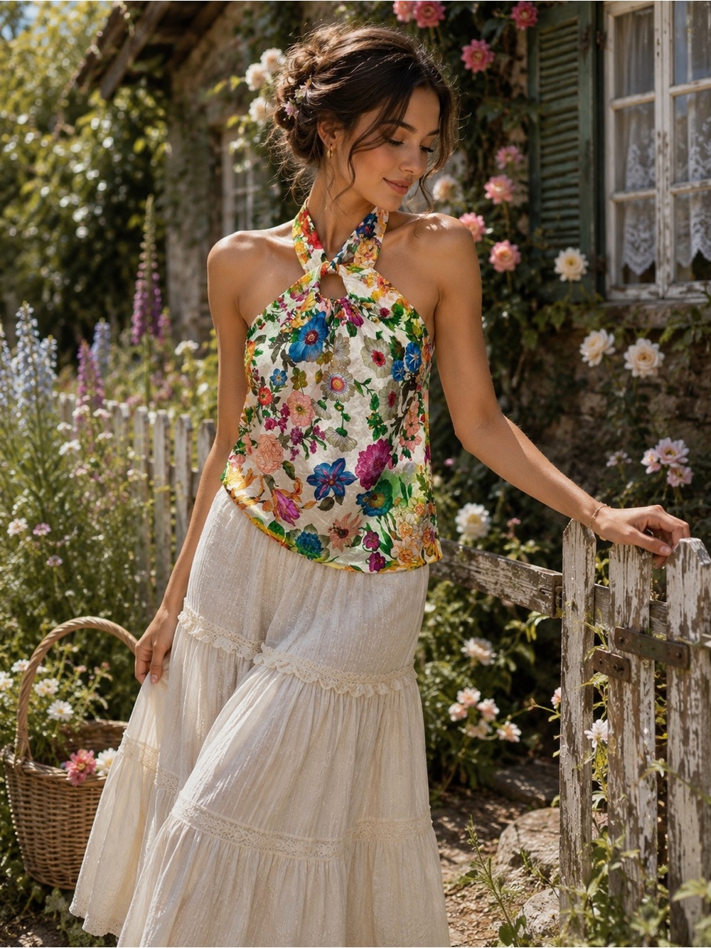 Andrea Behar for Boston Proper 100% Silk Floral Halter Top Side Zip Size 4